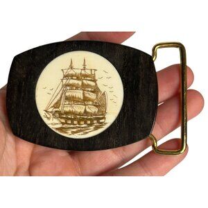 VTG Nautical Scrimshaw Sailing Ship Belt Buckle Brass Tone Wood Clipper 3"